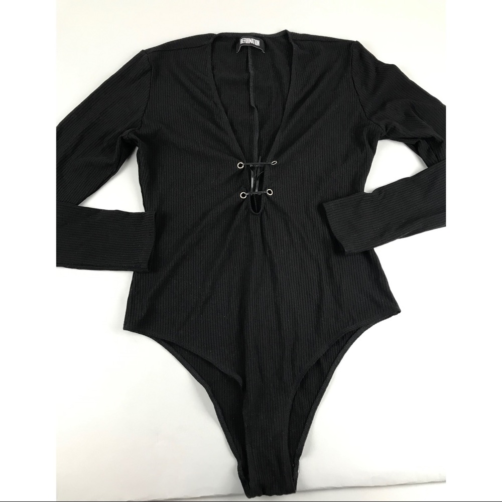 Reformation XL Black Stretch Ribbed Bodysuit Lace